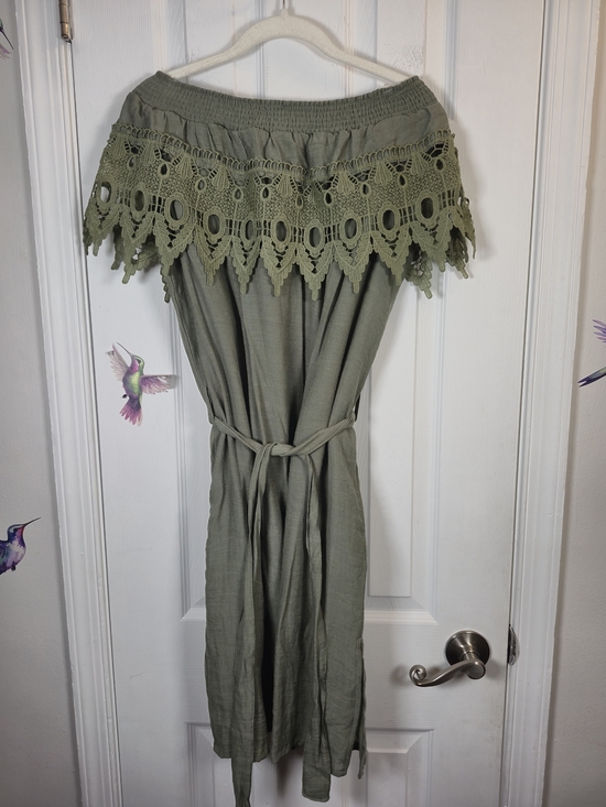 Love Dresses & Skirts - L.O.V.E. Olive Green Off-Shoulder Crochet Lace Trim Boho Midi Dress